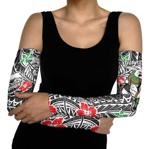Personalised South Sydney Rabbitohs Arm Sleeves Polynesian Tribal Pattern With Rugby Rabbit Mascot Art
