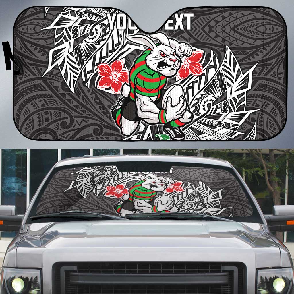 Personalised South Sydney Rabbitohs Auto Sun Shade Polynesian Tribal Pattern With Rugby Rabbit Mascot Art