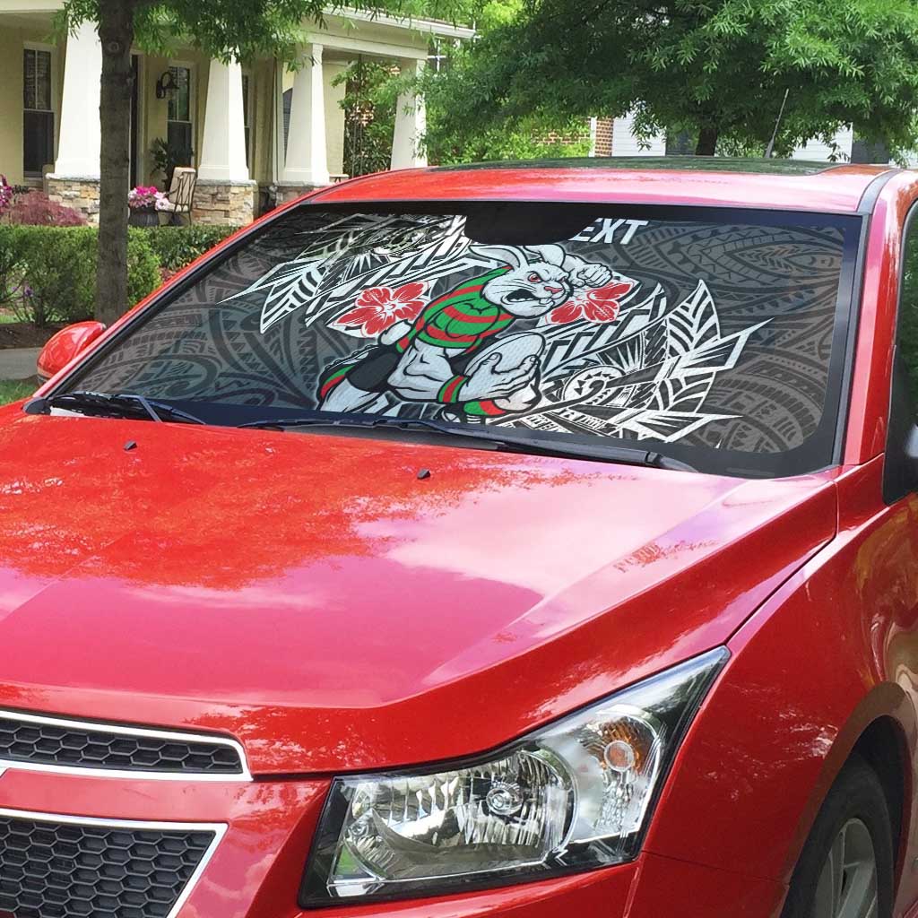 Personalised South Sydney Rabbitohs Auto Sun Shade Polynesian Tribal Pattern With Rugby Rabbit Mascot Art
