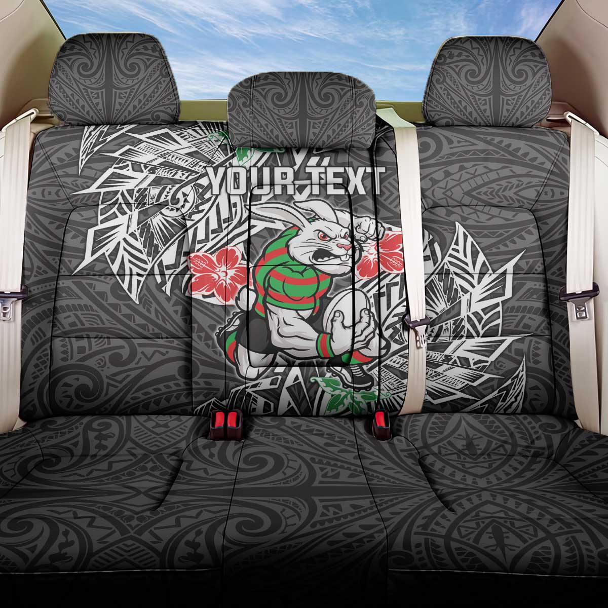 Personalised South Sydney Rabbitohs Back Car Seat Cover Polynesian Tribal Pattern With Rugby Rabbit Mascot Art