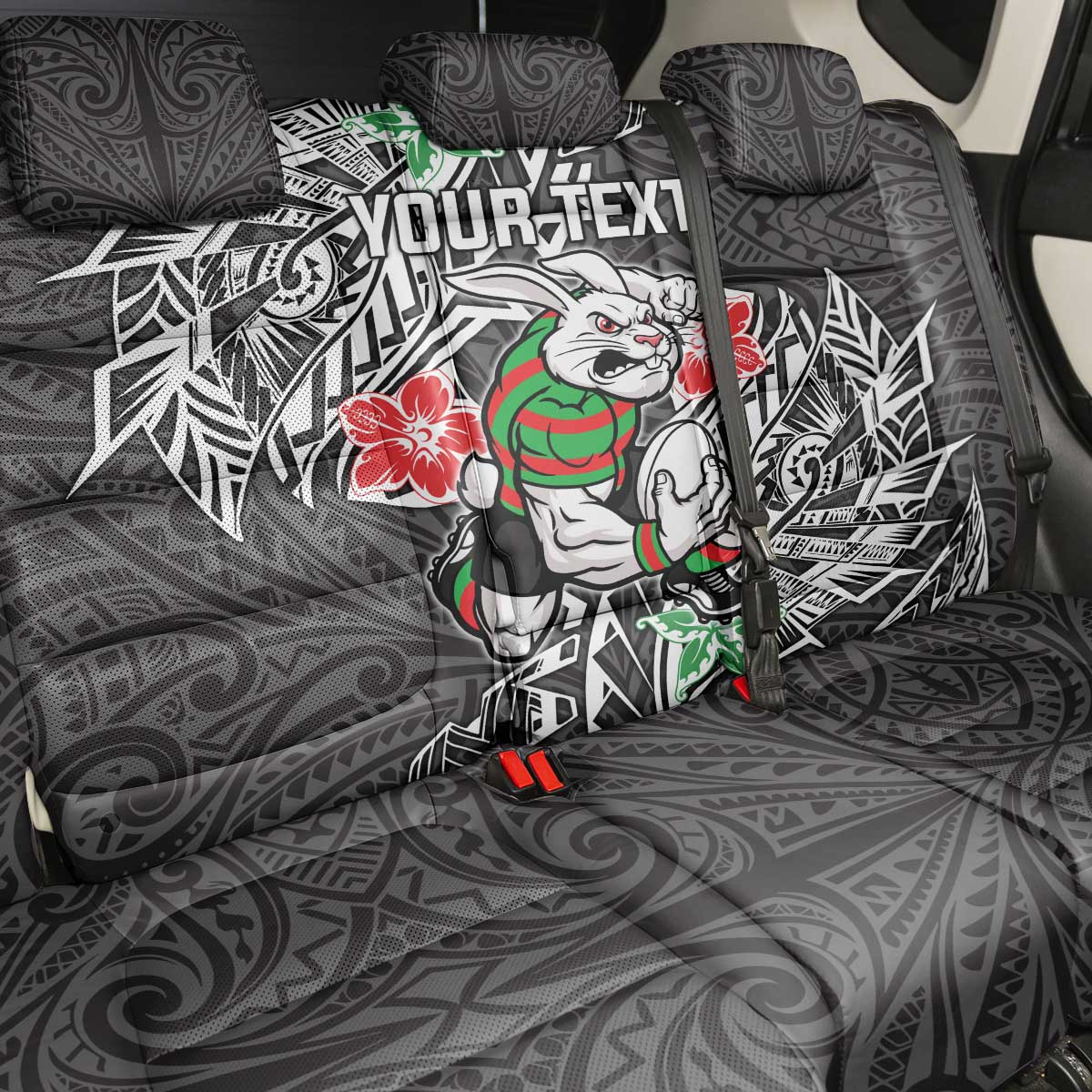 Personalised South Sydney Rabbitohs Back Car Seat Cover Polynesian Tribal Pattern With Rugby Rabbit Mascot Art