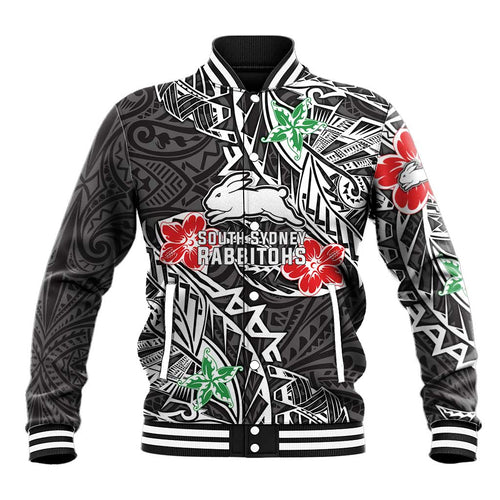 Personalised South Sydney Rabbitohs Baseball Jacket Polynesian Tribal Pattern With Rugby Rabbit Mascot Art
