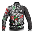 Personalised South Sydney Rabbitohs Baseball Jacket Polynesian Tribal Pattern With Rugby Rabbit Mascot Art