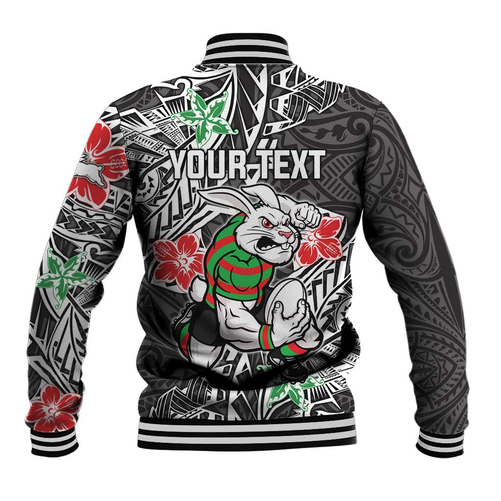 Personalised South Sydney Rabbitohs Baseball Jacket Polynesian Tribal Pattern With Rugby Rabbit Mascot Art