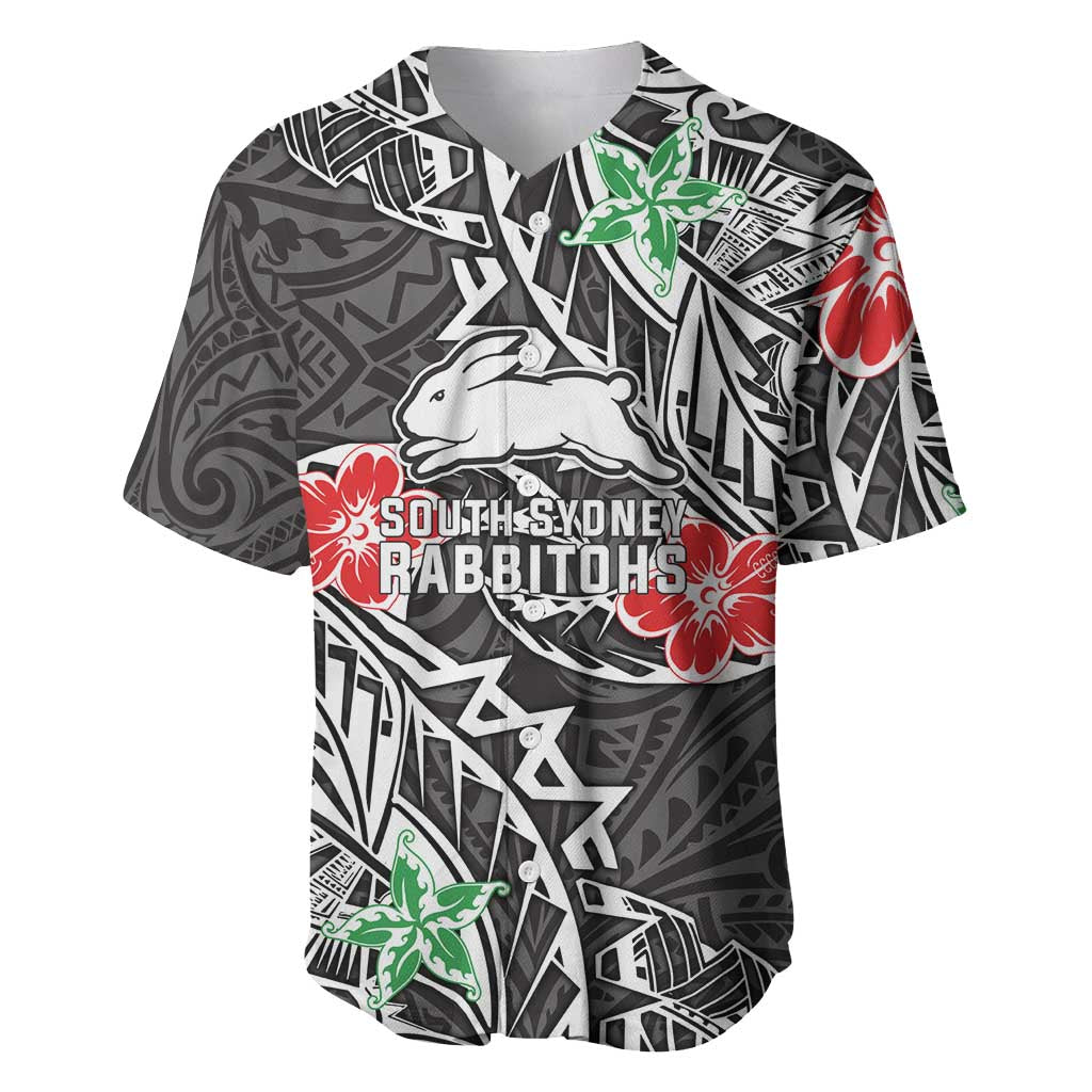 Personalised South Sydney Rabbitohs Baseball Jersey Polynesian Tribal Pattern With Rugby Rabbit Mascot Art