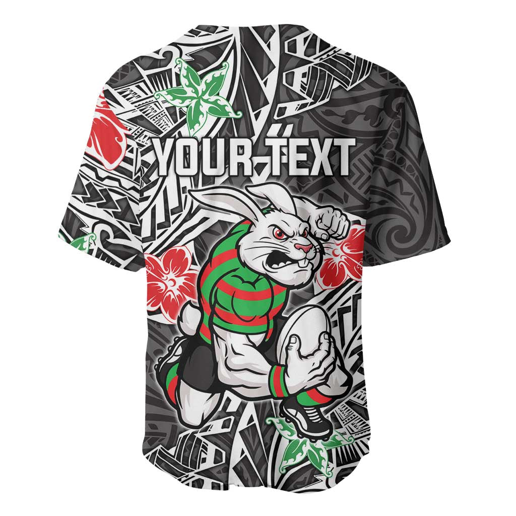 Personalised South Sydney Rabbitohs Baseball Jersey Polynesian Tribal Pattern With Rugby Rabbit Mascot Art
