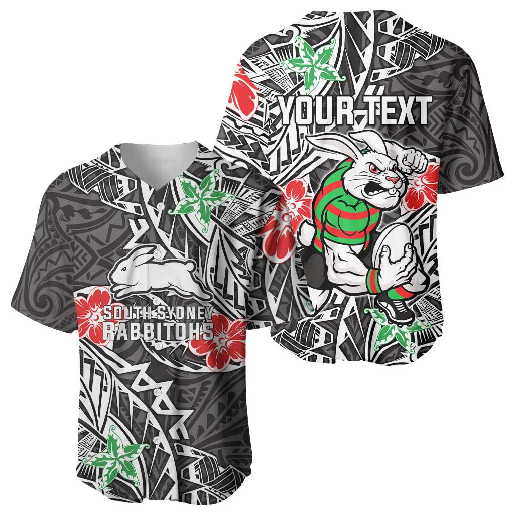 Personalised South Sydney Rabbitohs Baseball Jersey Polynesian Tribal Pattern With Rugby Rabbit Mascot Art