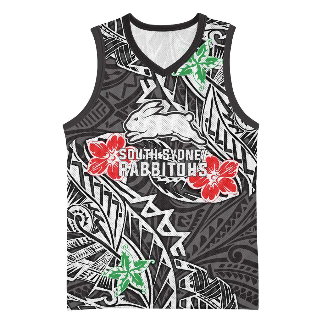 Personalised South Sydney Rabbitohs Basketball Jersey Polynesian Tribal Pattern With Rugby Rabbit Mascot Art