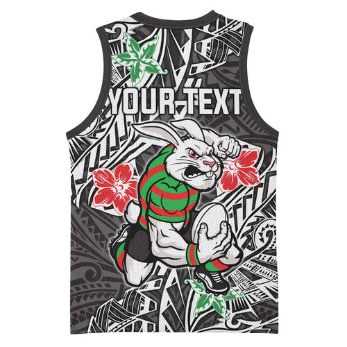 Personalised South Sydney Rabbitohs Basketball Jersey Polynesian Tribal Pattern With Rugby Rabbit Mascot Art