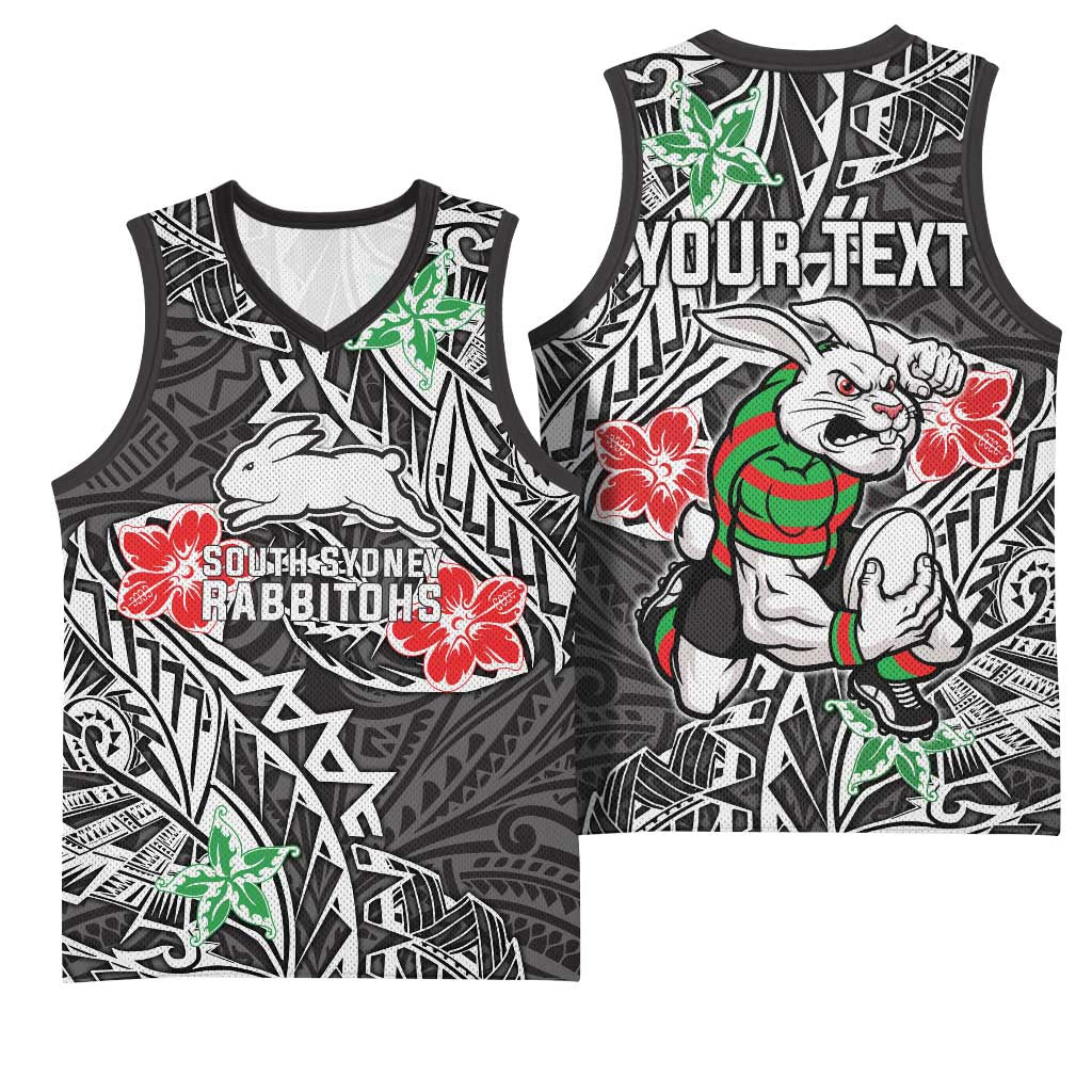 Personalised South Sydney Rabbitohs Basketball Jersey Polynesian Tribal Pattern With Rugby Rabbit Mascot Art