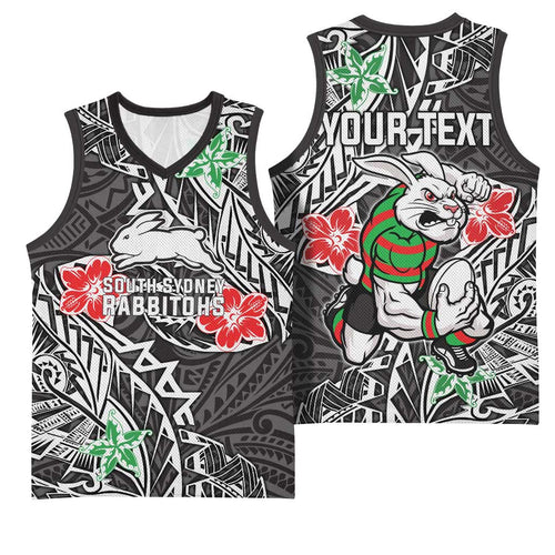 Personalised South Sydney Rabbitohs Basketball Jersey Polynesian Tribal Pattern With Rugby Rabbit Mascot Art