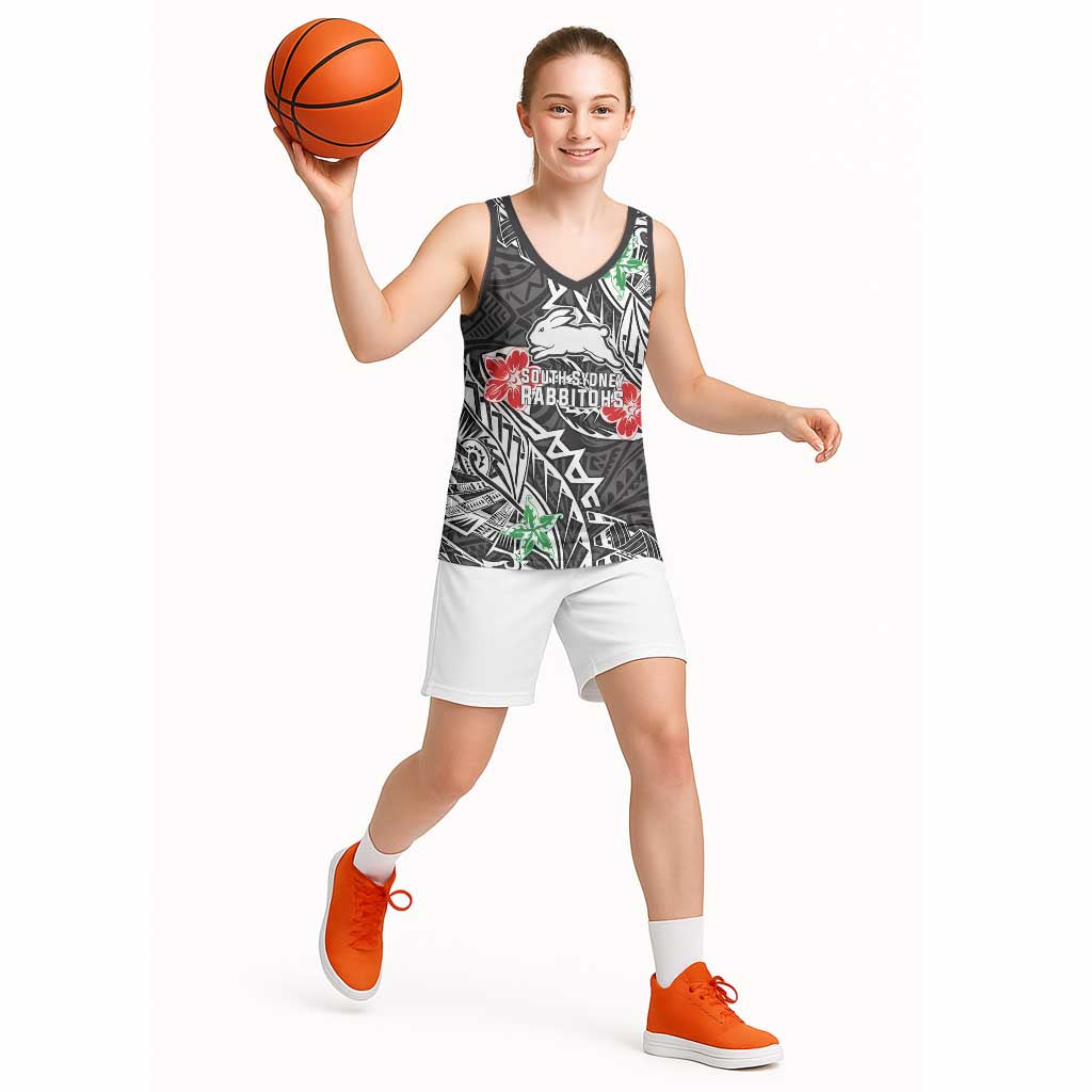 Personalised South Sydney Rabbitohs Basketball Jersey Polynesian Tribal Pattern With Rugby Rabbit Mascot Art