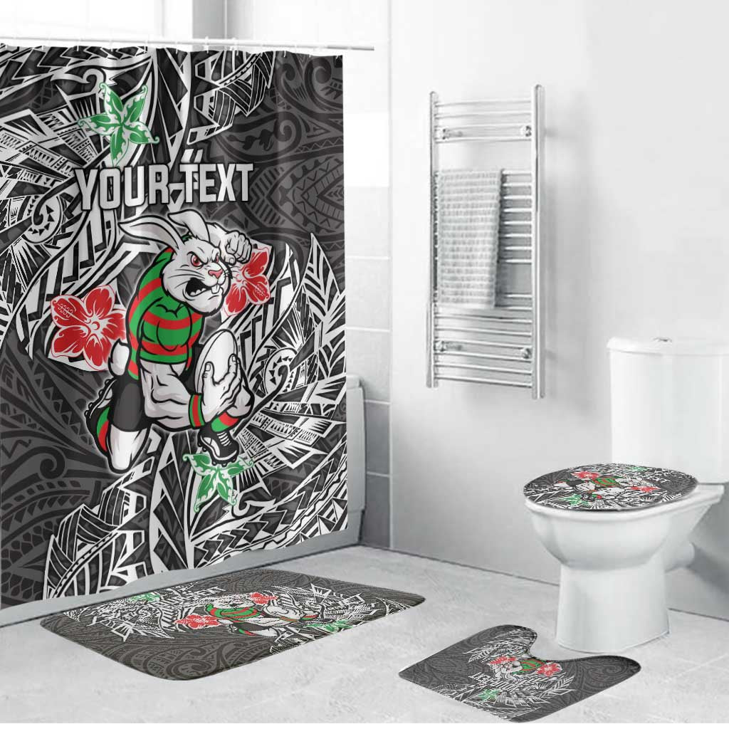 Personalised South Sydney Rabbitohs Bathroom Set Polynesian Tribal Pattern With Rugby Rabbit Mascot Art