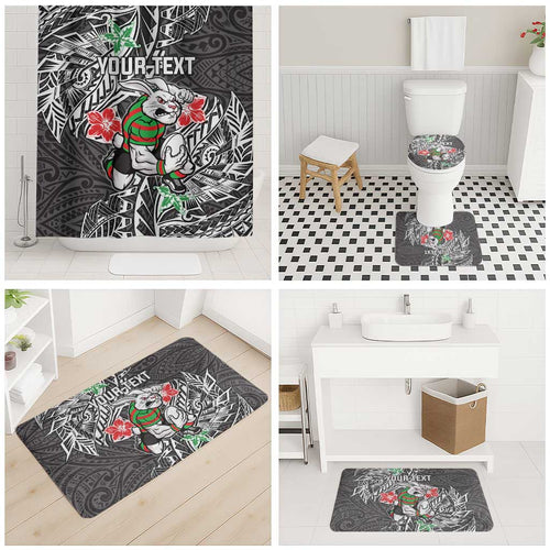 Personalised South Sydney Rabbitohs Bathroom Set Polynesian Tribal Pattern With Rugby Rabbit Mascot Art