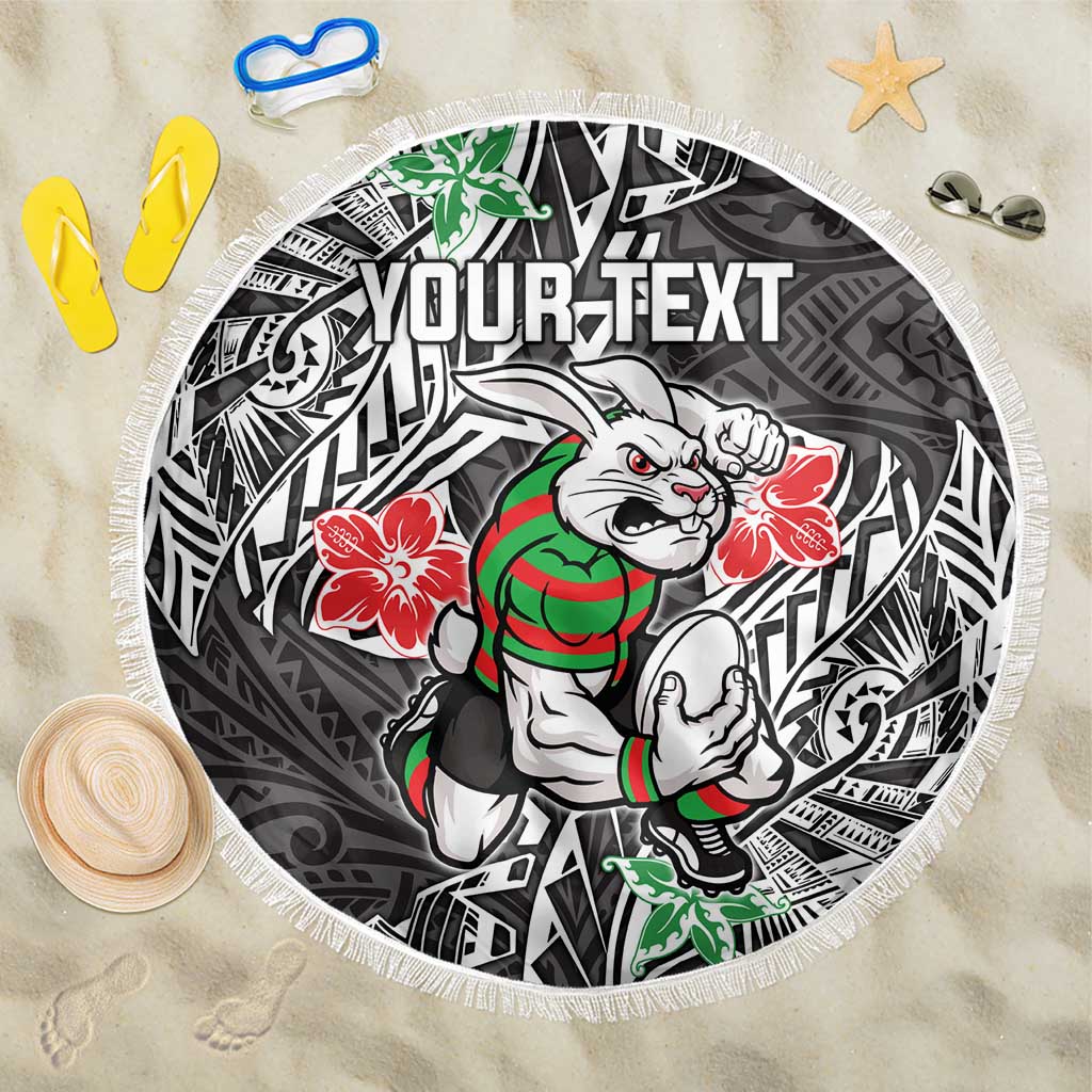 Personalised South Sydney Rabbitohs Beach Blanket Polynesian Tribal Pattern With Rugby Rabbit Mascot Art