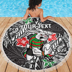 Personalised South Sydney Rabbitohs Beach Blanket Polynesian Tribal Pattern With Rugby Rabbit Mascot Art