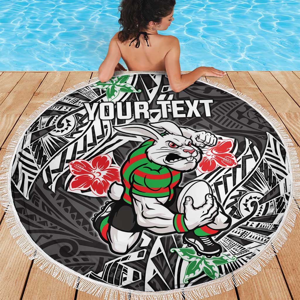 Personalised South Sydney Rabbitohs Beach Blanket Polynesian Tribal Pattern With Rugby Rabbit Mascot Art