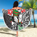 Personalised South Sydney Rabbitohs Beach Blanket Polynesian Tribal Pattern With Rugby Rabbit Mascot Art