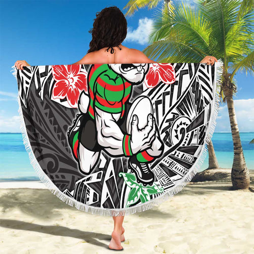 Personalised South Sydney Rabbitohs Beach Blanket Polynesian Tribal Pattern With Rugby Rabbit Mascot Art