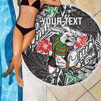 Personalised South Sydney Rabbitohs Beach Blanket Polynesian Tribal Pattern With Rugby Rabbit Mascot Art