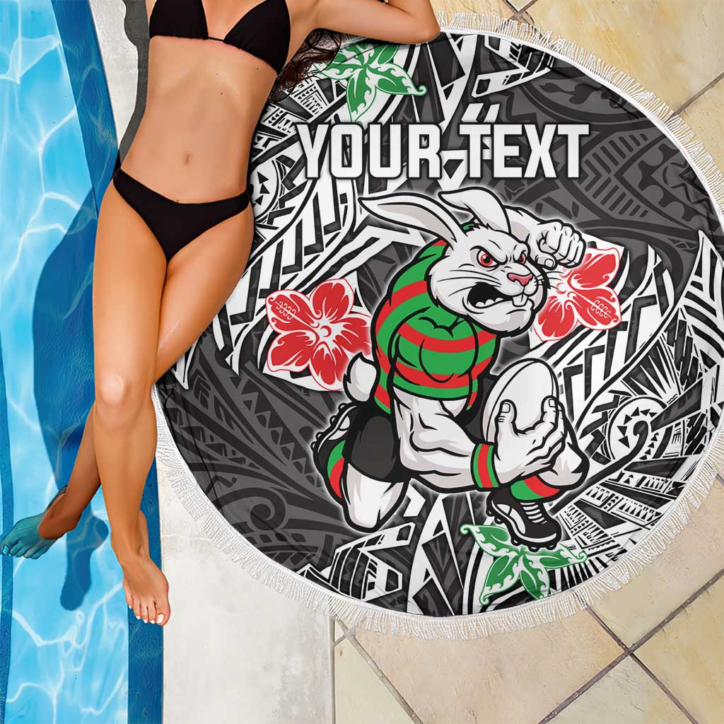 Personalised South Sydney Rabbitohs Beach Blanket Polynesian Tribal Pattern With Rugby Rabbit Mascot Art