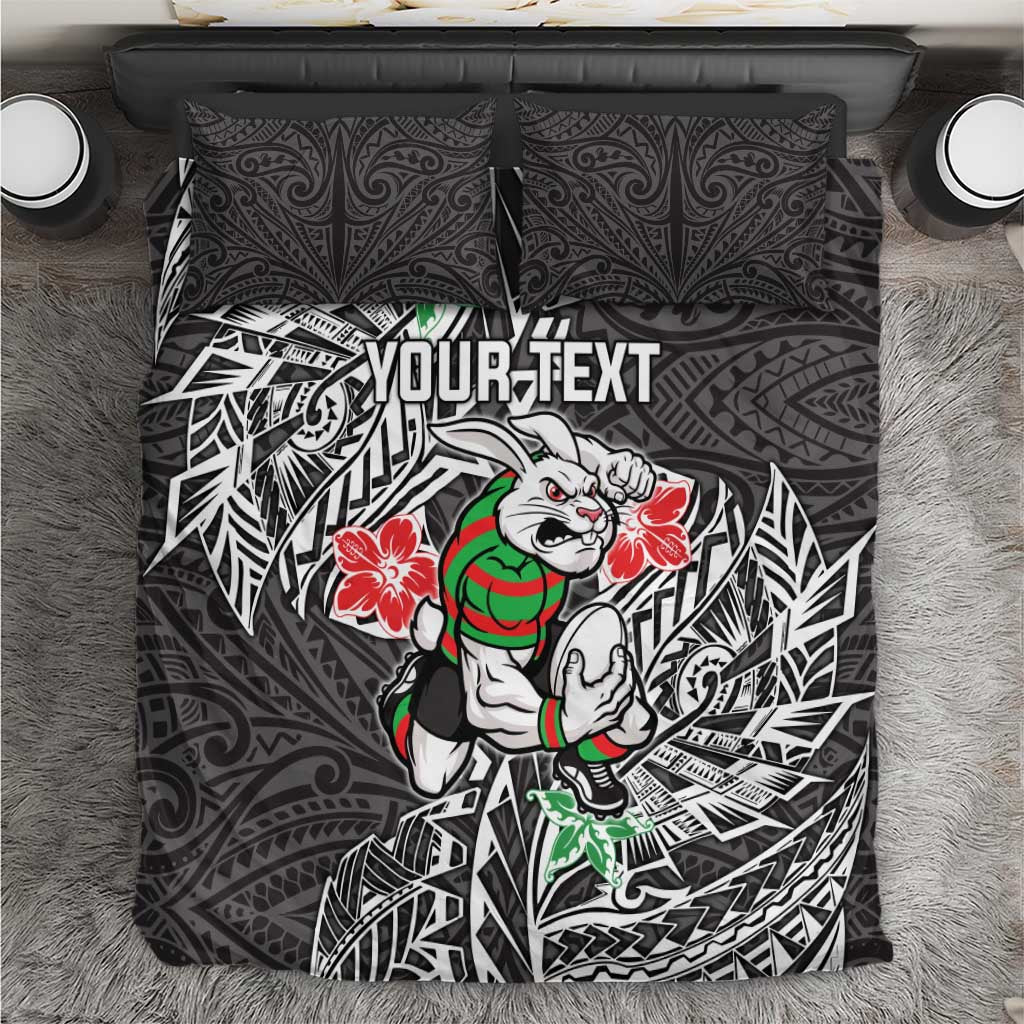 Personalised South Sydney Rabbitohs Bedding Set Polynesian Tribal Pattern With Rugby Rabbit Mascot Art