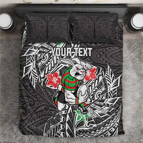 Personalised South Sydney Rabbitohs Bedding Set Polynesian Tribal Pattern With Rugby Rabbit Mascot Art