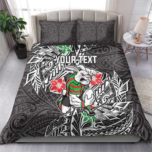 Personalised South Sydney Rabbitohs Bedding Set Polynesian Tribal Pattern With Rugby Rabbit Mascot Art