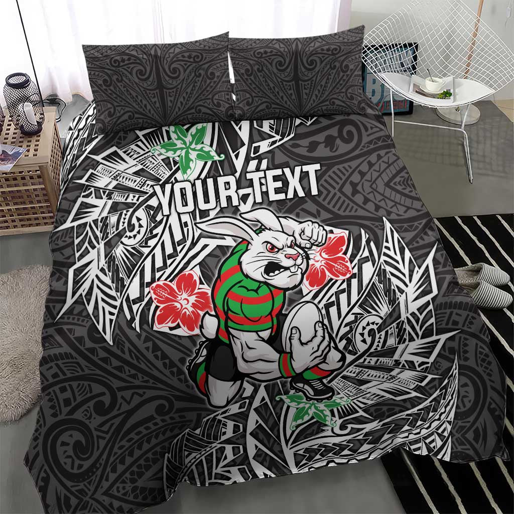 Personalised South Sydney Rabbitohs Bedding Set Polynesian Tribal Pattern With Rugby Rabbit Mascot Art