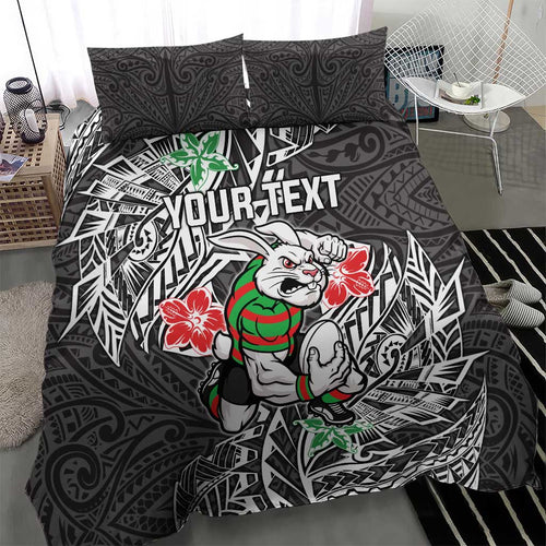 Personalised South Sydney Rabbitohs Bedding Set Polynesian Tribal Pattern With Rugby Rabbit Mascot Art