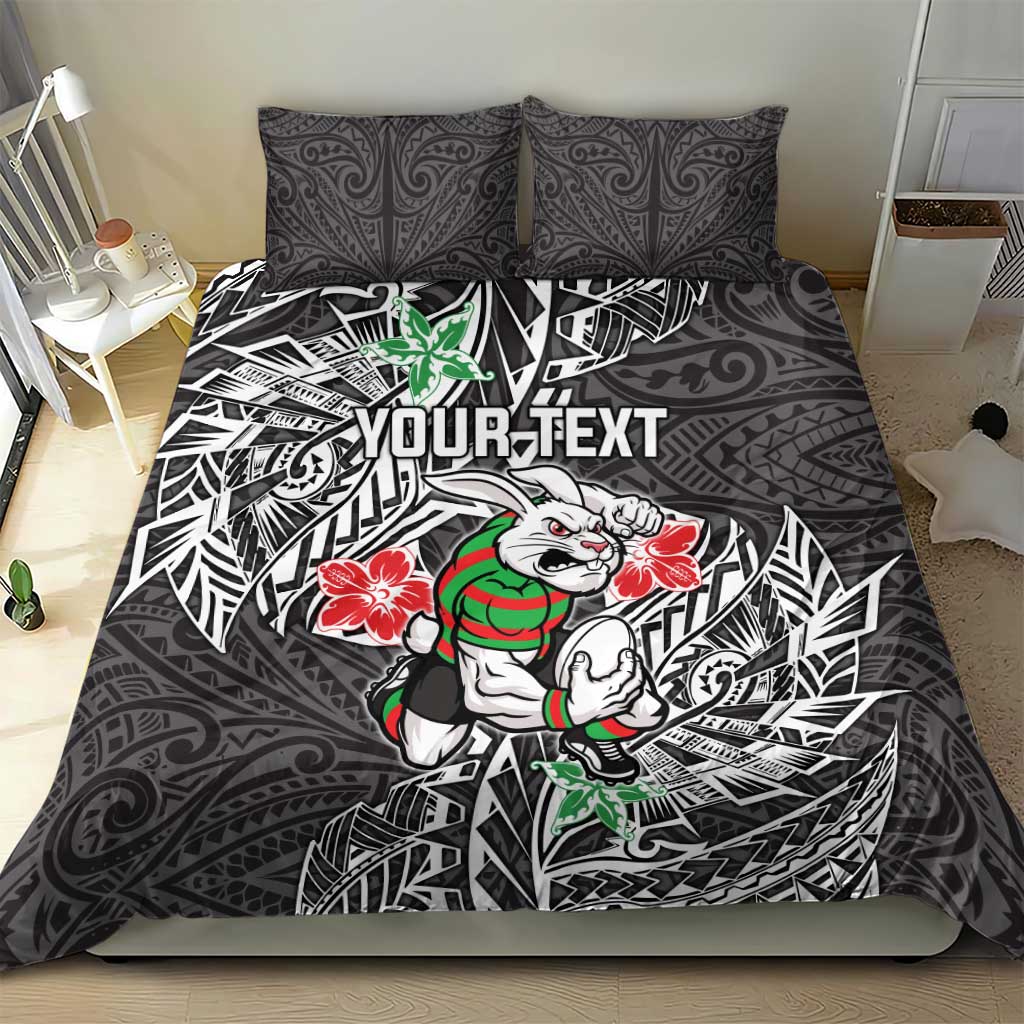 Personalised South Sydney Rabbitohs Bedding Set Polynesian Tribal Pattern With Rugby Rabbit Mascot Art