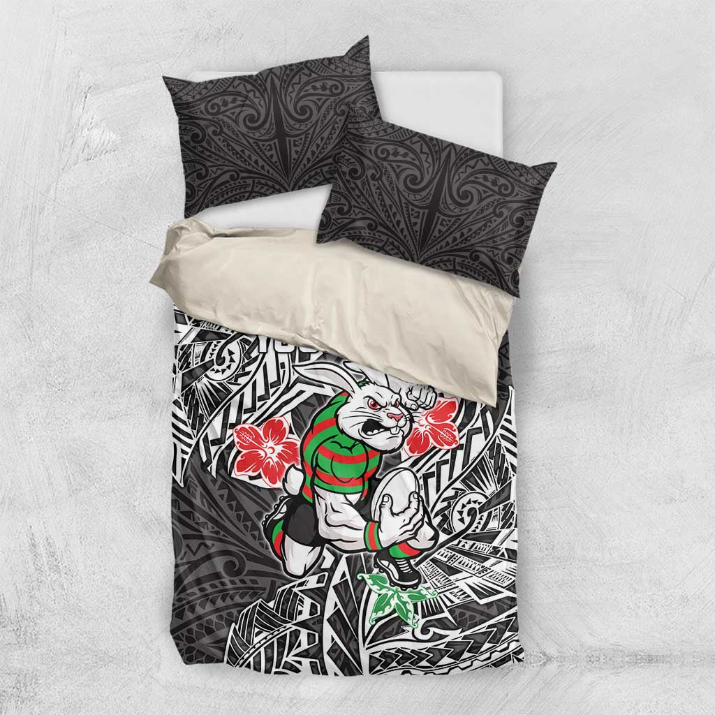 Personalised South Sydney Rabbitohs Bedding Set Polynesian Tribal Pattern With Rugby Rabbit Mascot Art