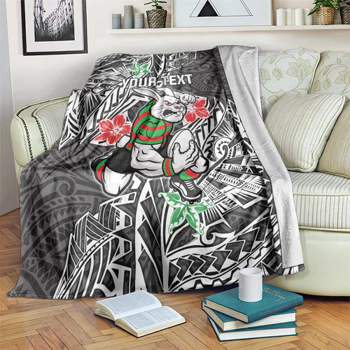 Personalised South Sydney Rabbitohs Blanket Polynesian Tribal Pattern With Rugby Rabbit Mascot Art