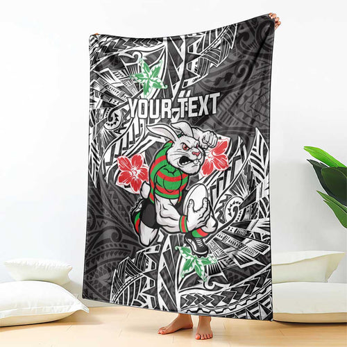 Personalised South Sydney Rabbitohs Blanket Polynesian Tribal Pattern With Rugby Rabbit Mascot Art