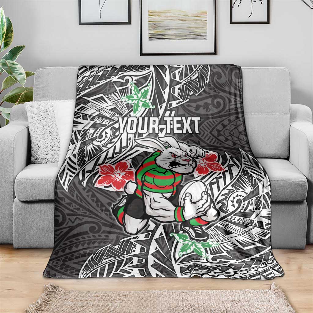 Personalised South Sydney Rabbitohs Blanket Polynesian Tribal Pattern With Rugby Rabbit Mascot Art