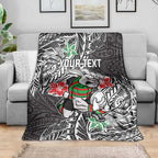 Personalised South Sydney Rabbitohs Blanket Polynesian Tribal Pattern With Rugby Rabbit Mascot Art
