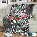 Personalised South Sydney Rabbitohs Blanket Polynesian Tribal Pattern With Rugby Rabbit Mascot Art