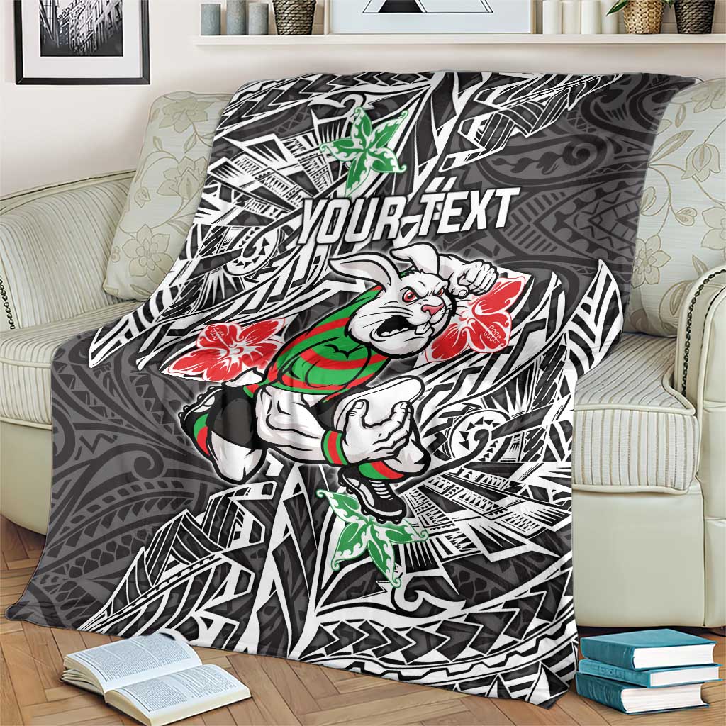 Personalised South Sydney Rabbitohs Blanket Polynesian Tribal Pattern With Rugby Rabbit Mascot Art