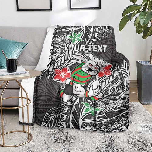 Personalised South Sydney Rabbitohs Blanket Polynesian Tribal Pattern With Rugby Rabbit Mascot Art
