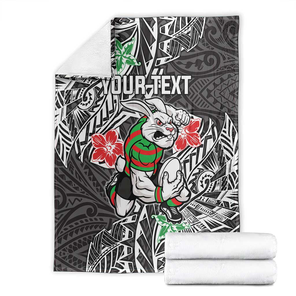 Personalised South Sydney Rabbitohs Blanket Polynesian Tribal Pattern With Rugby Rabbit Mascot Art