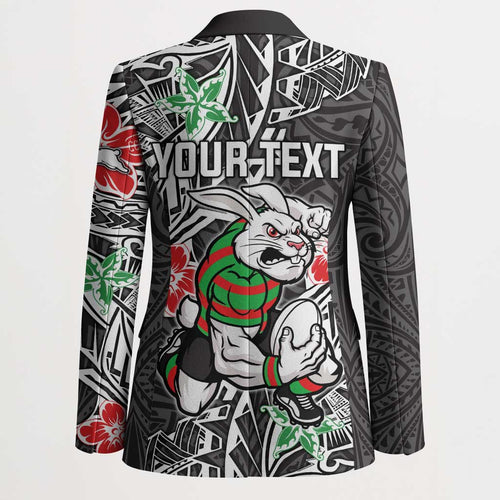 Personalised South Sydney Rabbitohs Blazer Polynesian Tribal Pattern With Rugby Rabbit Mascot Art