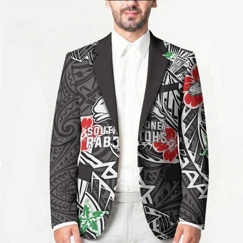 Personalised South Sydney Rabbitohs Blazer Polynesian Tribal Pattern With Rugby Rabbit Mascot Art