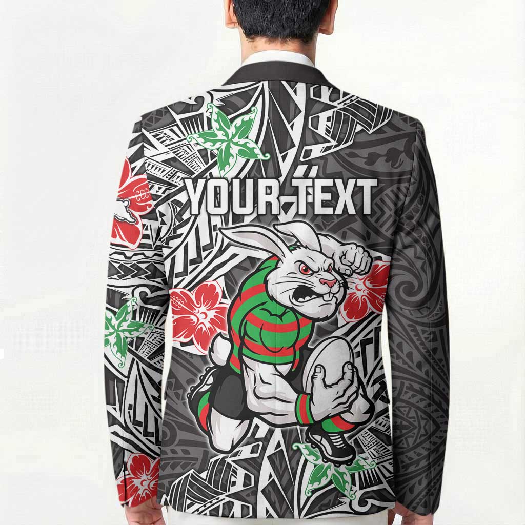 Personalised South Sydney Rabbitohs Blazer Polynesian Tribal Pattern With Rugby Rabbit Mascot Art