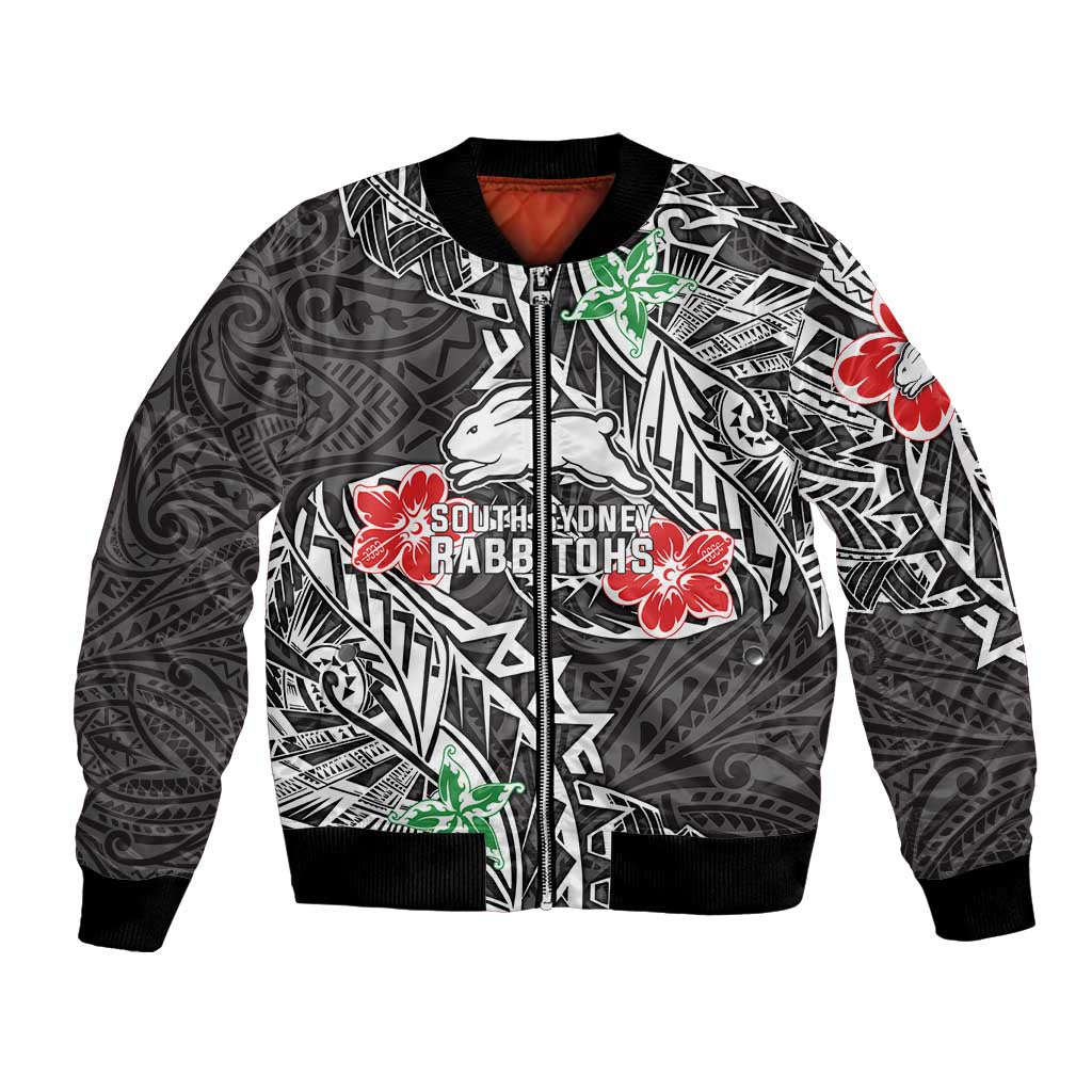 Personalised South Sydney Rabbitohs Bomber Jacket Polynesian Tribal Pattern With Rugby Rabbit Mascot Art