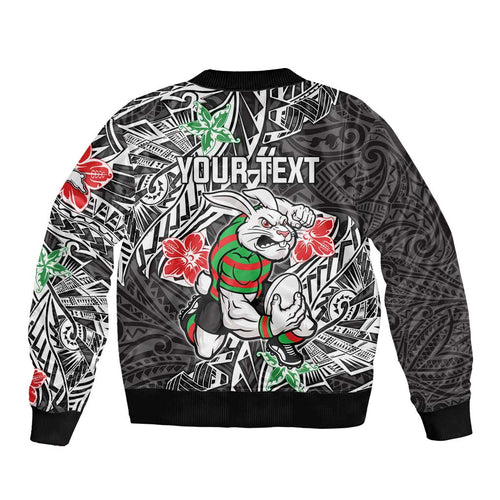 Personalised South Sydney Rabbitohs Bomber Jacket Polynesian Tribal Pattern With Rugby Rabbit Mascot Art