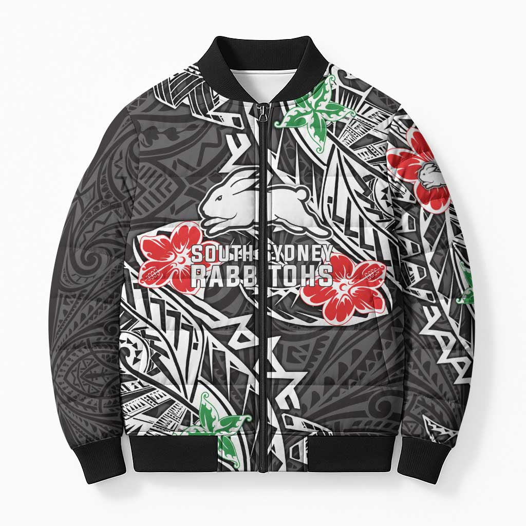 Personalised South Sydney Rabbitohs Bomber Puffer Jacket Polynesian Tribal Pattern With Rugby Rabbit Mascot Art
