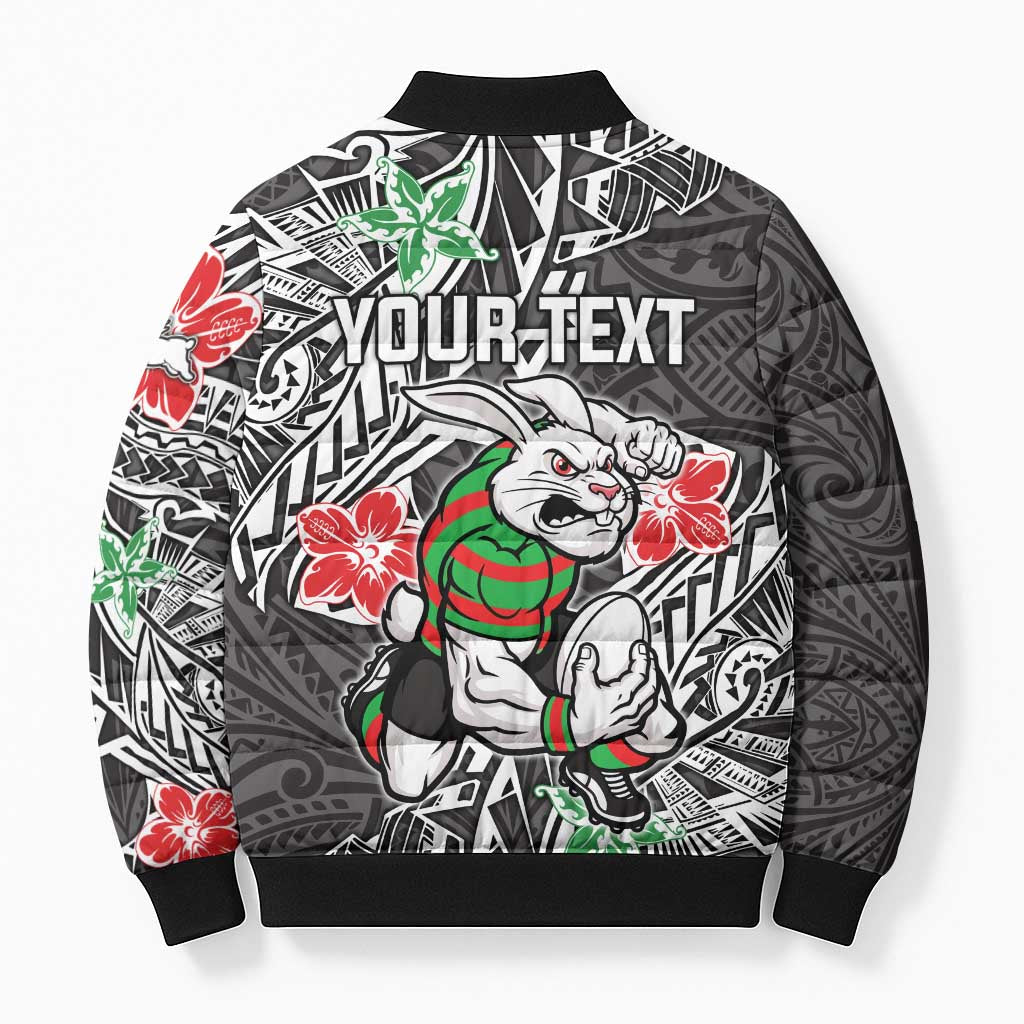 Personalised South Sydney Rabbitohs Bomber Puffer Jacket Polynesian Tribal Pattern With Rugby Rabbit Mascot Art