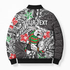 Personalised South Sydney Rabbitohs Bomber Puffer Jacket Polynesian Tribal Pattern With Rugby Rabbit Mascot Art