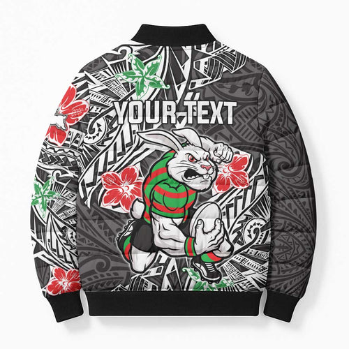 Personalised South Sydney Rabbitohs Bomber Puffer Jacket Polynesian Tribal Pattern With Rugby Rabbit Mascot Art