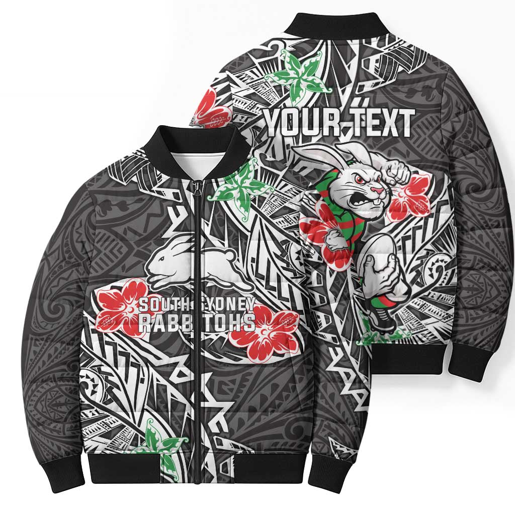 Personalised South Sydney Rabbitohs Bomber Puffer Jacket Polynesian Tribal Pattern With Rugby Rabbit Mascot Art